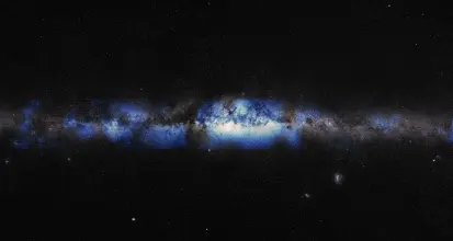 The Milky Way as seen through neutrinos(blue). Photo credit: IceSube Collaboration/U.S.National Science Foundation