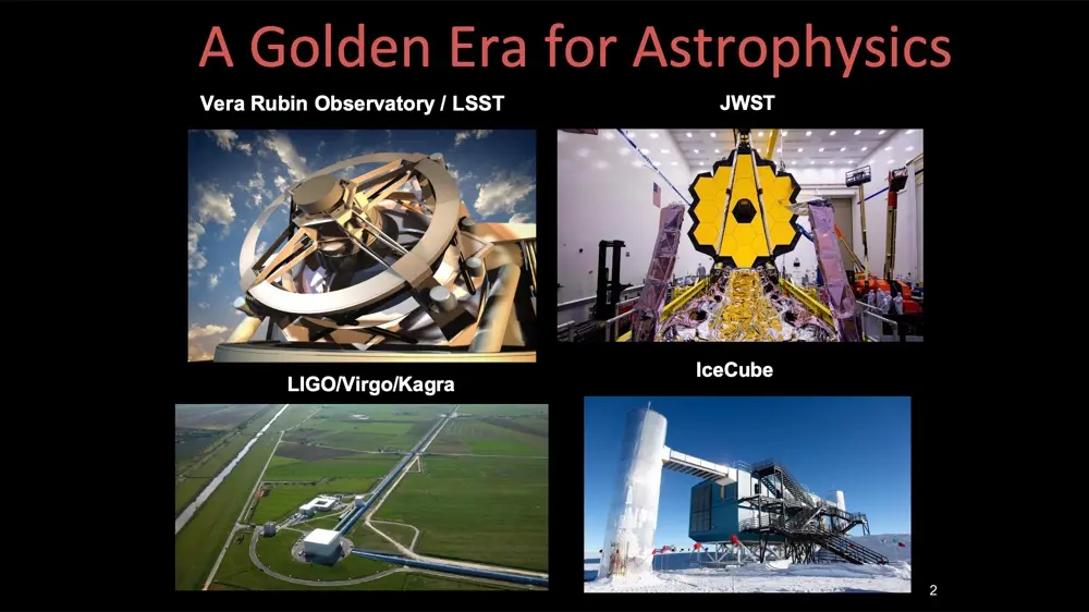 Slide titled A Golden Era for Astrophysics showing the Vera Rubin Observatory, JWST, LIGO/Virgo/KAGRA and IceCube